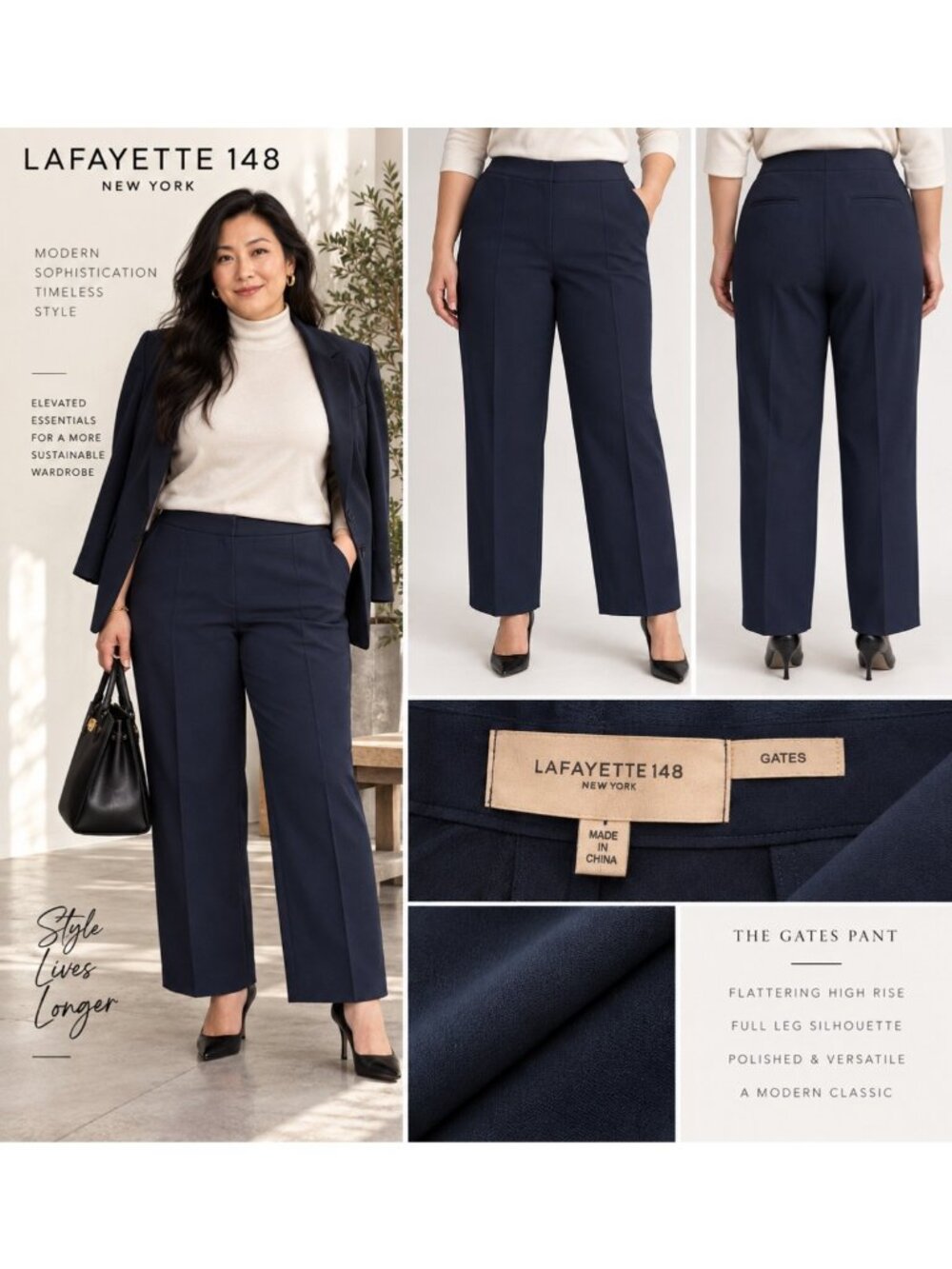 Lafayette 148 New York Gates Navy High Rise Full Leg Pants Trousers 38” Waist